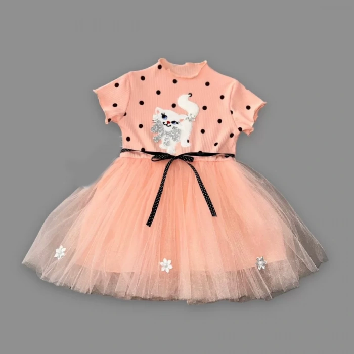 Eterelle 1-2-3 Yaş Payetli Kedicik Baskılı Puantiyeli Kız Bebek Elbisesi Pudra