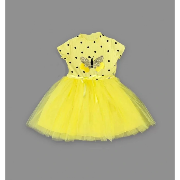 Eterelle 5-6-7 Yaş Payetli Kelebek Desenli Puantiyeli Kız Çocuk Elbisesi Sarı