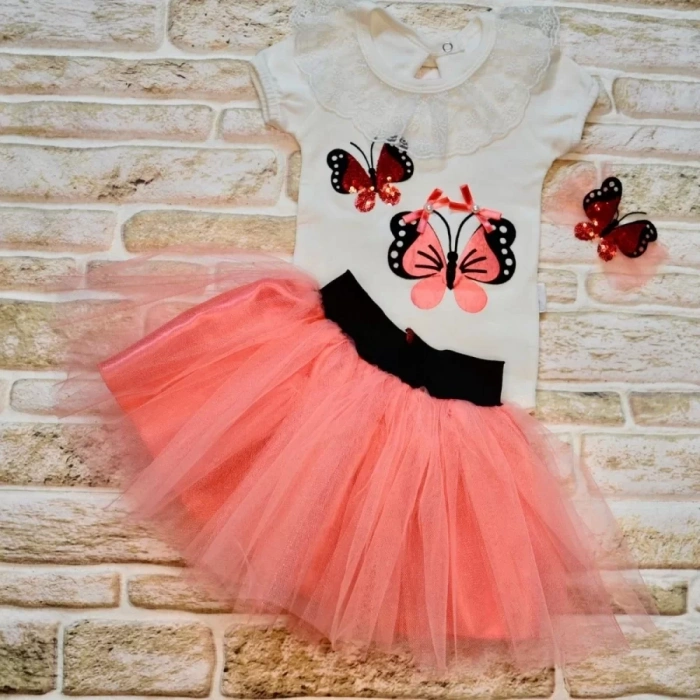 Eterelle 9-12-18 Ay Payetli Kelebek Nakışlı Taçlı Kısa Kollu Tütü Etek 3lü Kız Bebek Takımı Nar Çiçeği