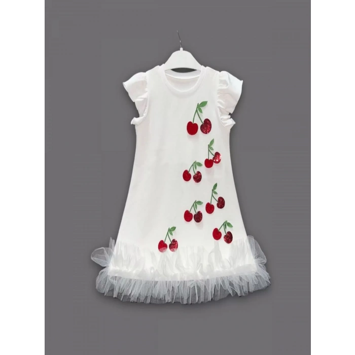 Eterelle 1-2-3 Yaş Payetli Kiraz Nakışlı Eteği Fırfırlı Jile Kız Çocuk Elbisesi Beyaz