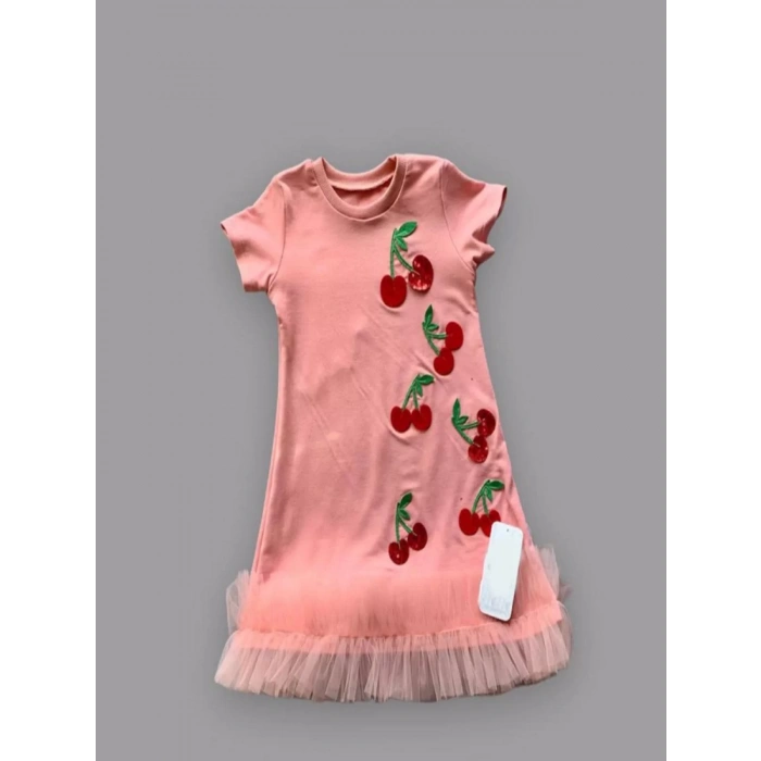 Eterelle 1-2-3 Yaş Payetli Kiraz Nakışlı Eteği Fırfırlı Jile Kız Çocuk Elbisesi Gül Kurusu