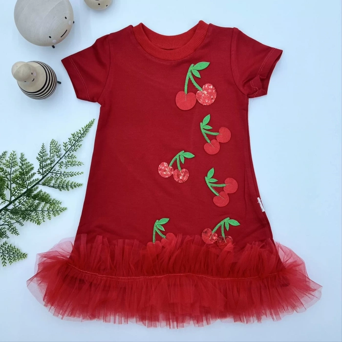 Eterelle 1-2-3 Yaş Payetli Kiraz Nakışlı Eteği Fırfırlı Jile Kız Çocuk Elbisesi Kırmızı