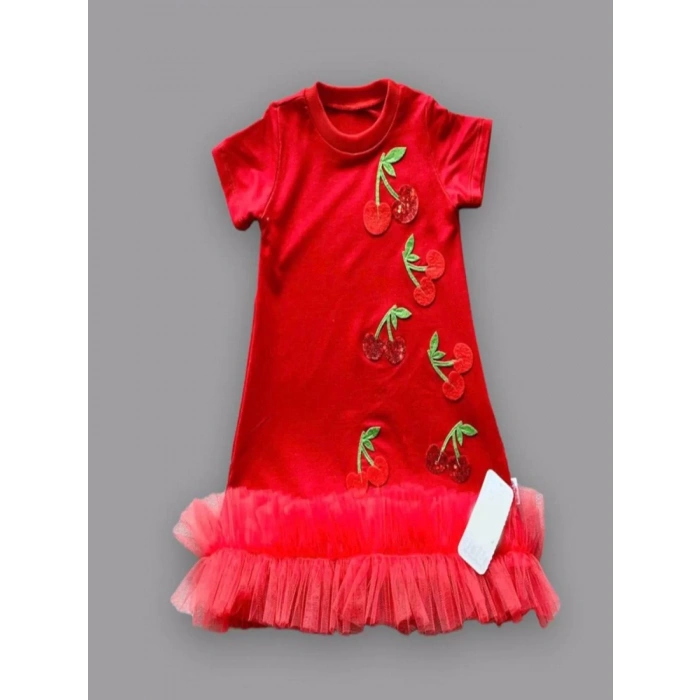 Eterelle 1-2-3 Yaş Payetli Kiraz Nakışlı Eteği Fırfırlı Jile Kız Çocuk Elbisesi Kırmızı