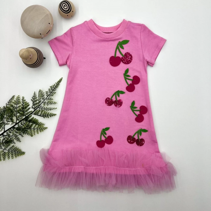 Eterelle 1-2-3 Yaş Payetli Kiraz Nakışlı Eteği Fırfırlı Jile Kız Çocuk Elbisesi Pembe