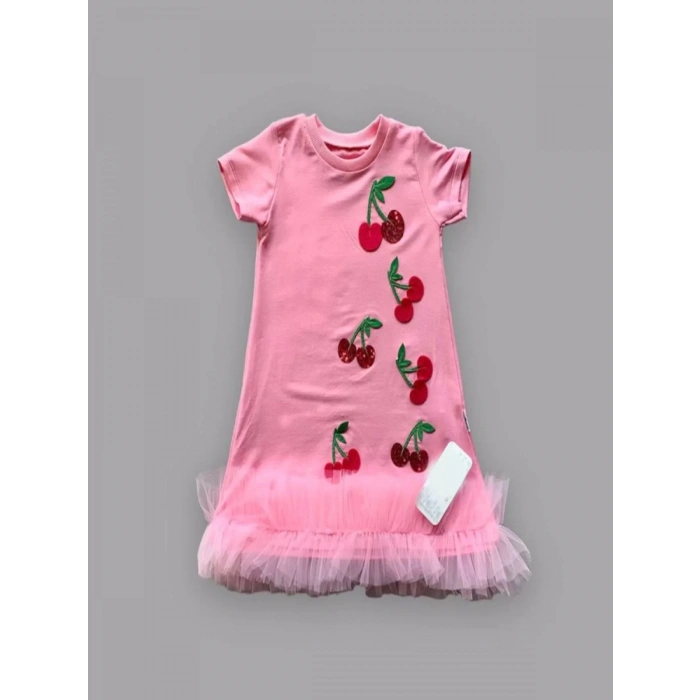 Eterelle 1-2-3 Yaş Payetli Kiraz Nakışlı Eteği Fırfırlı Jile Kız Çocuk Elbisesi Pembe