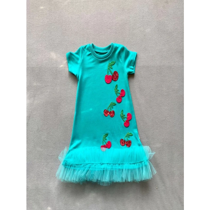 Eterelle 1-2-3 Yaş Payetli Kiraz Nakışlı Eteği Fırfırlı Jile Kız Çocuk Elbisesi Turkuaz