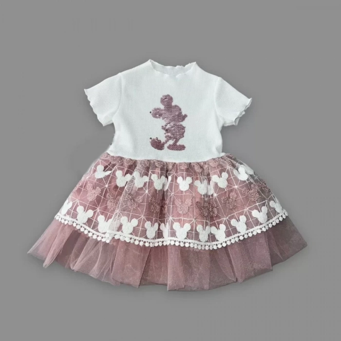 Eterelle 1-2-3 Yaş Payetli Mickey Baskılı Brode Etekli Kız Bebek Elbisesi Gül Kurusu