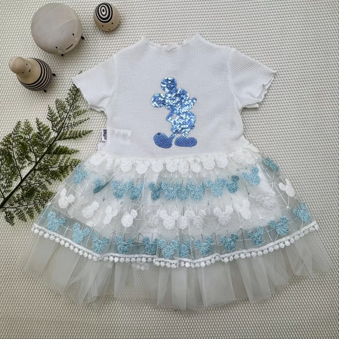 Eterelle 1-2-3 Yaş Payetli Mickey Baskılı Brode Etekli Kız Bebek Elbisesi Turkuaz