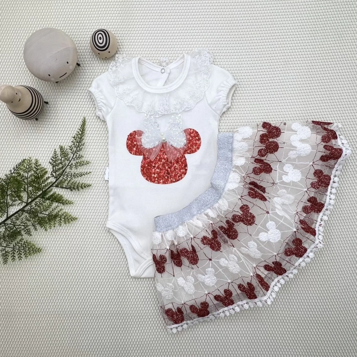 Eterelle 1-2-3 Yaş Payetli Mickey Nakışlı Kısa Kollu Brode Etekli 2li Kız Bebek Takımı Kırmızı