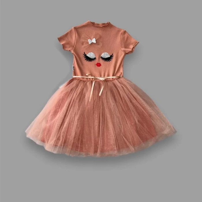 Eterelle 5-6-7 Yaş Payetli Süslü Yüz Baskılı Kız Çocuk Elbisesi Kahverengi