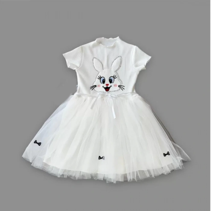 Eterelle 5-6-7 Yaş Payetli Tavşan Baskılı Kız Çocuk Elbisesi Beyaz