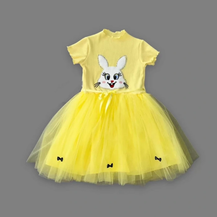 Eterelle 5-6-7 Yaş Payetli Tavşan Baskılı Kız Çocuk Elbisesi Sarı
