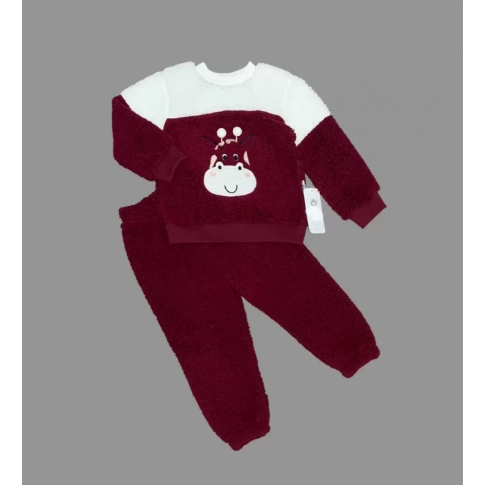 Eterelle 1-2-3 Yaş Ponponlu Zürafa Desenli Kuzu Kumaş Uzun Kollu 2li Kız Erkek Çocuk Takımı Bordo