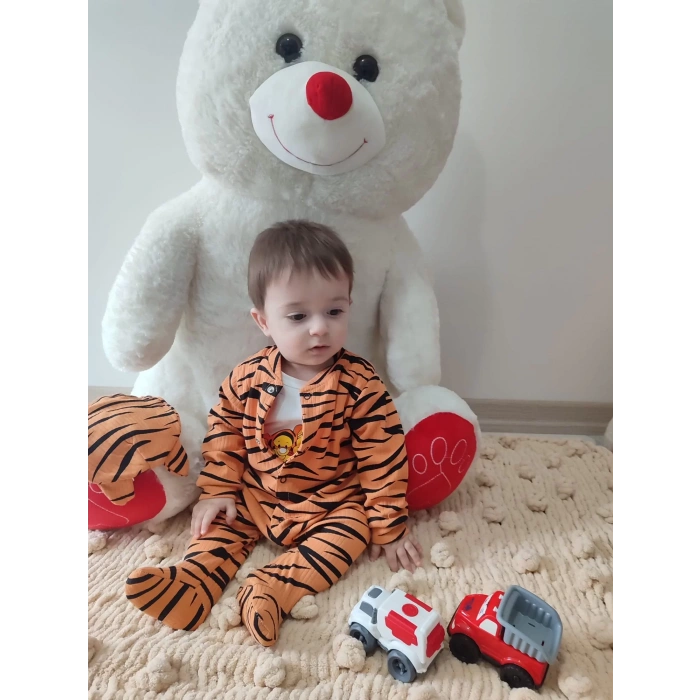Eterelle 3-6-9-12 Ay Pooh Desenli Zebra Çizgili Şapkalı Sweatli 3lü Kız Erkek Bebek Tulumu(sarı) Sarı