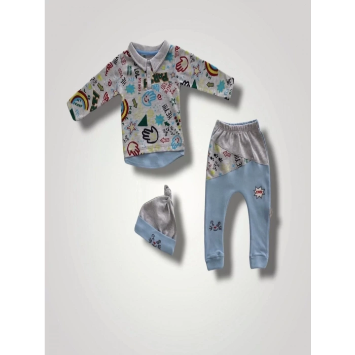 Eterelle 6-9 12-18 18-24 Ay Power Kedi Nakışlı Uzun Kollu Sweat Şapkalı 3lü Kız Erkek Bebek Takımı Mavi