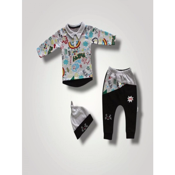 Eterelle 6-9 12-18 18-24 Ay Power Kedi Nakışlı Uzun Kollu Sweat Şapkalı 3lü Kız Erkek Bebek Takımı Siyah