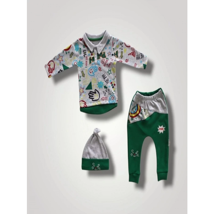 Eterelle 6-9 12-18 18-24 Ay Power Kedi Nakışlı Uzun Kollu Sweat Şapkalı 3lü Kız Erkek Bebek Takımı Yeşil