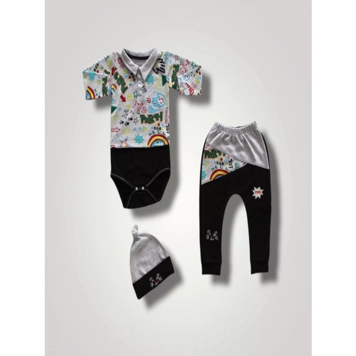 Eterelle 6-9 12-18 18-24 Ay Power Kedi Nakışlı Uzun Kollu Zıbınlı Şapkalı 3lü Kız Erkek Bebek Takımı Siyah