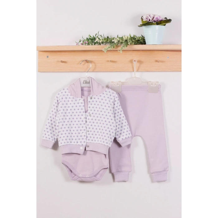 Eterelle Puan Desenli Kapişonlu % 100 Pamuk 3lü Kız Bebek Takım