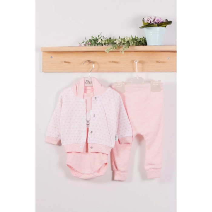 Eterelle Puan Desenli Kapişonlu % 100 Pamuk 3lü Kız Bebek Takım