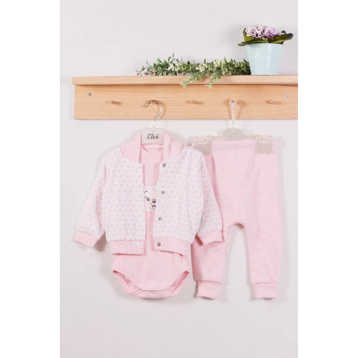 Eterelle Puan Desenli Kapişonlu % 100 Pamuk 3lü Kız Bebek Takım