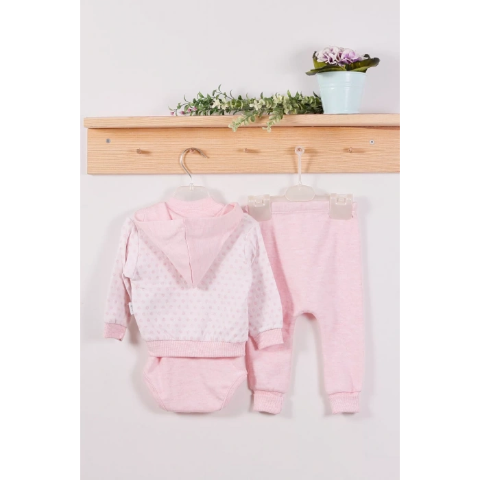 Eterelle Puan Desenli Kapişonlu % 100 Pamuk 3lü Kız Bebek Takım