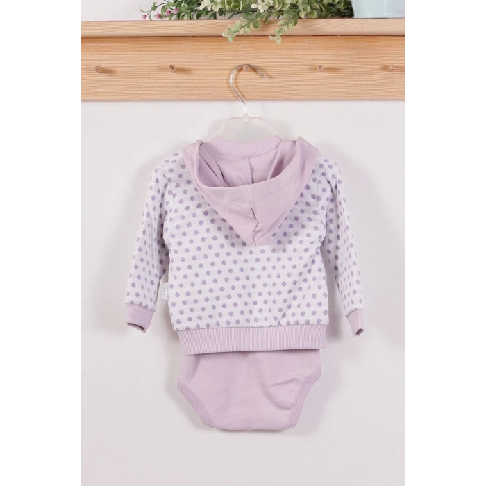 Eterelle Puan Desenli Kapişonlu % 100 Pamuk 3lü Kız Bebek Takım