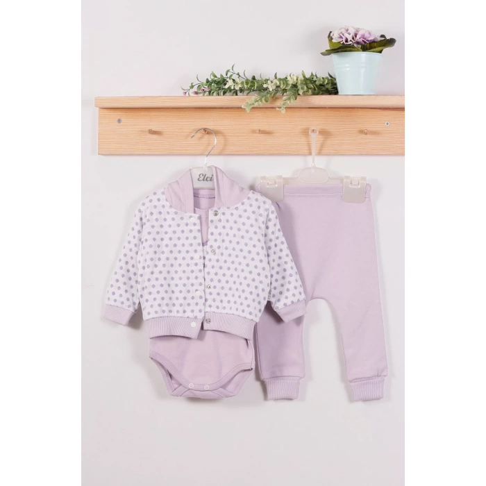Eterelle Puan Desenli Kapişonlu % 100 Pamuk 3lü Kız Bebek Takım