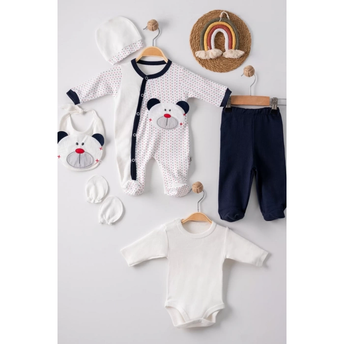 Eterelle Puanlı Ayıcık Nakışlı Tulumlu % 100 Pamuk Erkek Bebek 5li Set