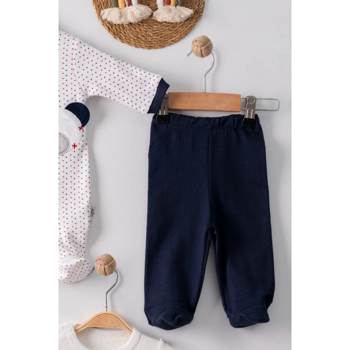 Eterelle Puanlı Ayıcık Nakışlı Tulumlu % 100 Pamuk Erkek Bebek 5li Set