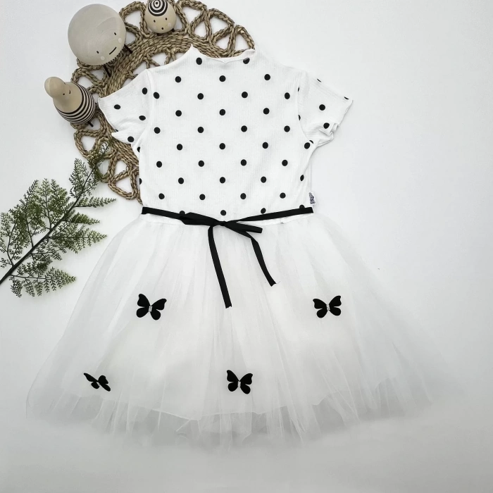 Eterelle 5-6-7 Yaş Puantiyeli Kelebek Etekli Astarlı Kız Çocuk Elbisesi Beyaz