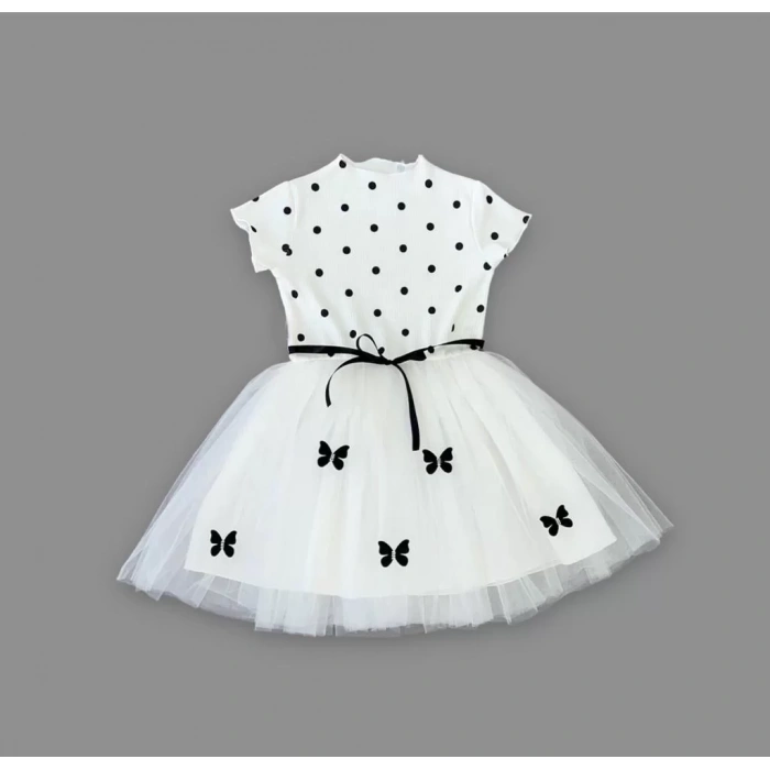 Eterelle 5-6-7 Yaş Puantiyeli Kelebek Etekli Astarlı Kız Çocuk Elbisesi Beyaz