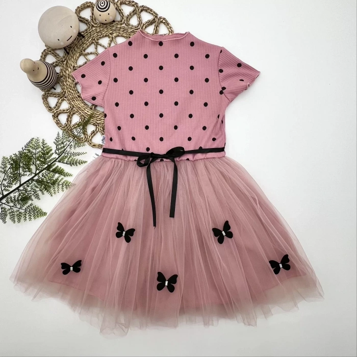 Eterelle 5-6-7 Yaş Puantiyeli Kelebek Etekli Astarlı Kız Çocuk Elbisesi Gül Kurusu