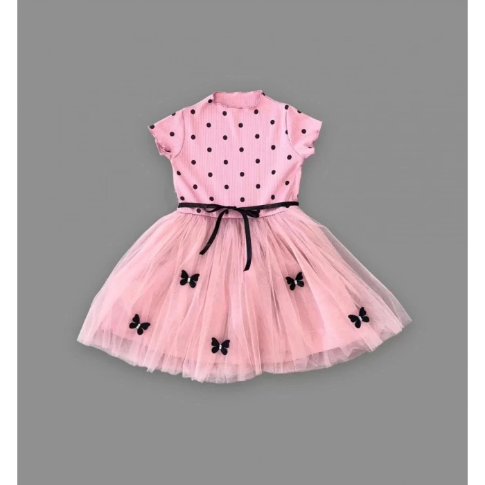 Eterelle 5-6-7 Yaş Puantiyeli Kelebek Etekli Astarlı Kız Çocuk Elbisesi Gül Kurusu