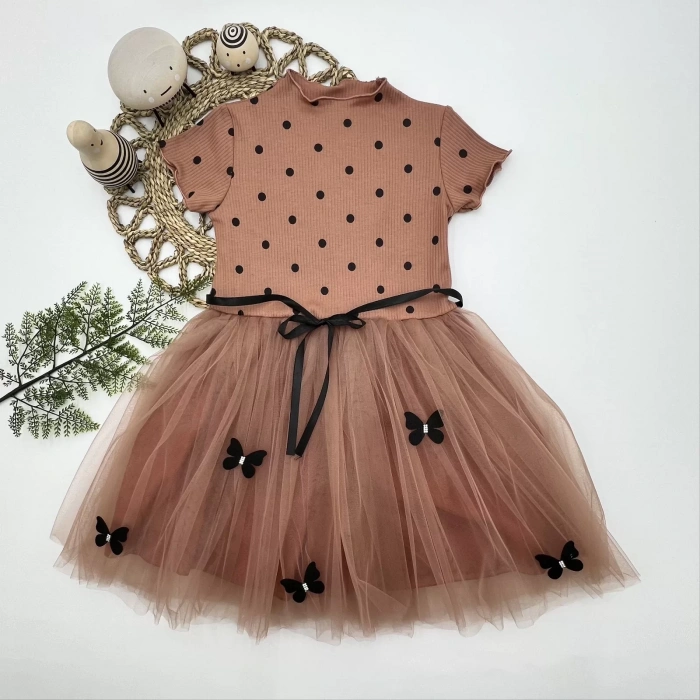 Eterelle 5-6-7 Yaş Puantiyeli Kelebek Etekli Astarlı Kız Çocuk Elbisesi Kahverengi