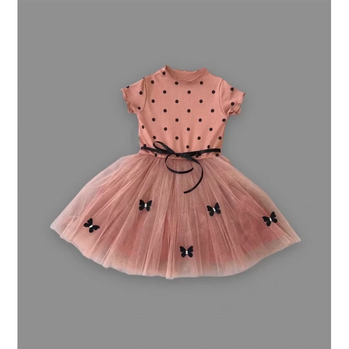 Eterelle 5-6-7 Yaş Puantiyeli Kelebek Etekli Astarlı Kız Çocuk Elbisesi Kahverengi