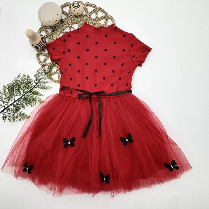 Eterelle 5-6-7 Yaş Puantiyeli Kelebek Etekli Astarlı Kız Çocuk Elbisesi Kırmızı