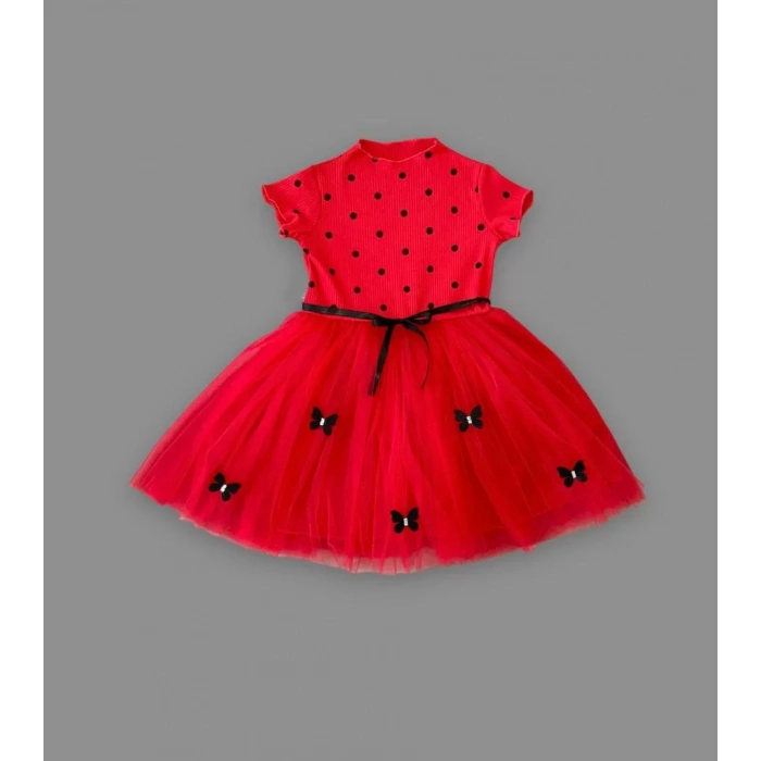 Eterelle 5-6-7 Yaş Puantiyeli Kelebek Etekli Astarlı Kız Çocuk Elbisesi Kırmızı