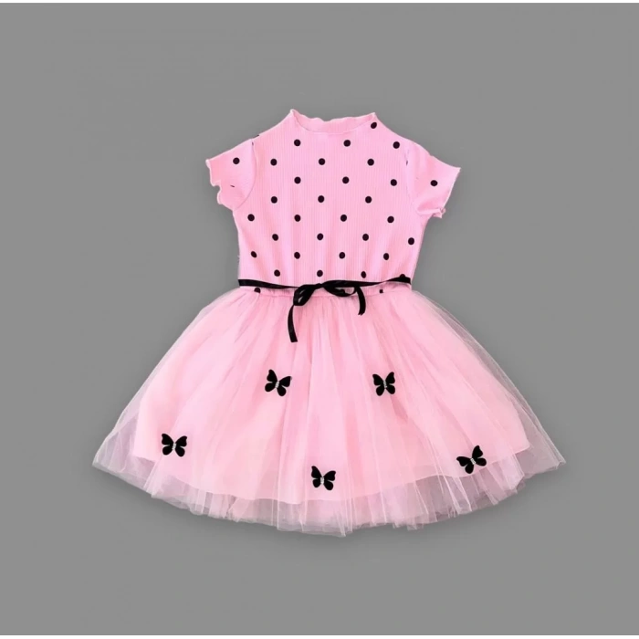 Eterelle 5-6-7 Yaş Puantiyeli Kelebek Etekli Astarlı Kız Çocuk Elbisesi Pembe
