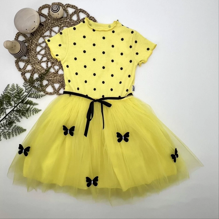 Eterelle 5-6-7 Yaş Puantiyeli Kelebek Etekli Astarlı Kız Çocuk Elbisesi Sarı