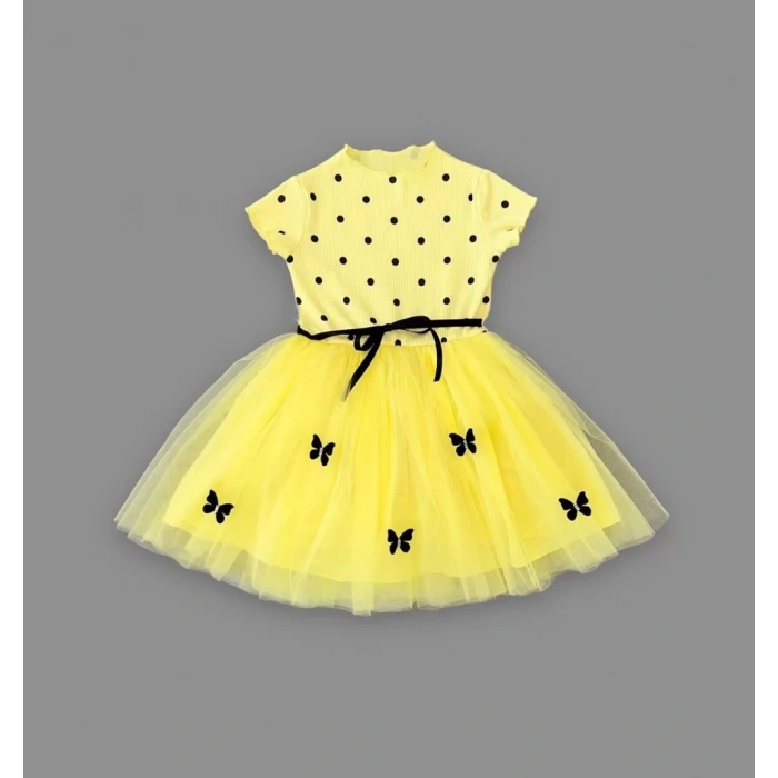 Eterelle 5-6-7 Yaş Puantiyeli Kelebek Etekli Astarlı Kız Çocuk Elbisesi Sarı
