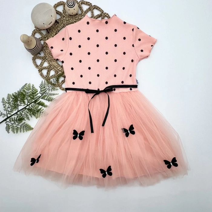 Eterelle 5-6-7 Yaş Puantiyeli Kelebek Etekli Astarlı Kız Çocuk Elbisesi Somon