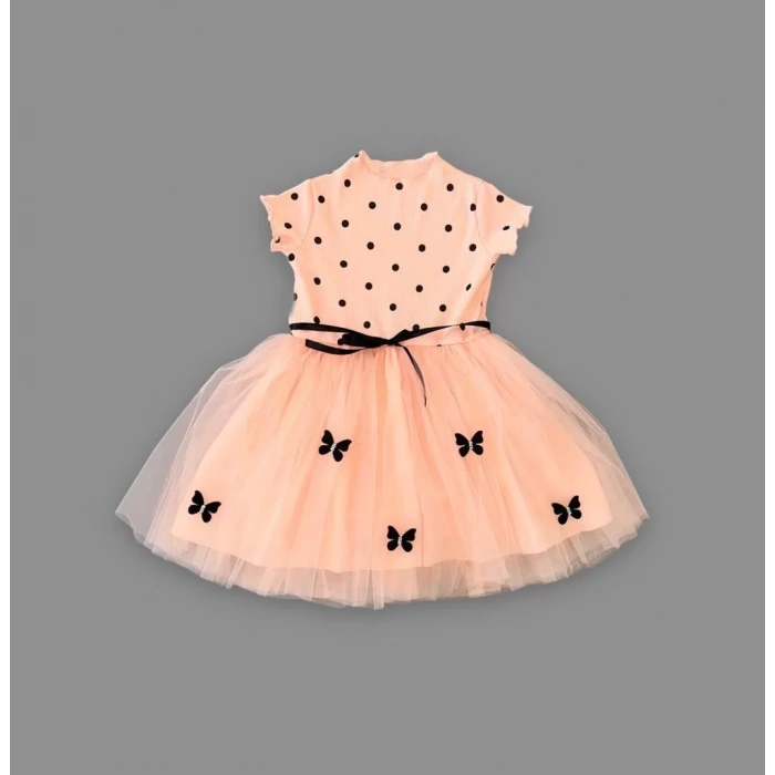Eterelle 5-6-7 Yaş Puantiyeli Kelebek Etekli Astarlı Kız Çocuk Elbisesi Somon