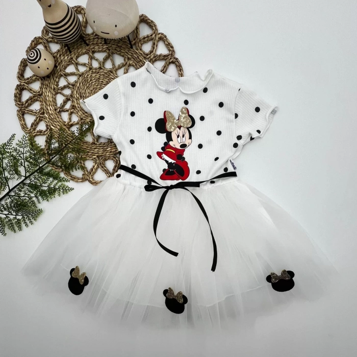 Eterelle 2-3-4 Yaş Puantiyeli Mickey Baskılı Kurdela Kuşaklı Astarlı Kız Bebek Tütü Elbisesi Beyaz