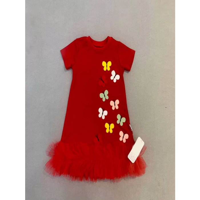 Eterelle 1-2-3 Yaş Renkli Kelebekler Nakışlı Eteği Fırfırlı Jile Çocuk Elbisesi Kırmızı