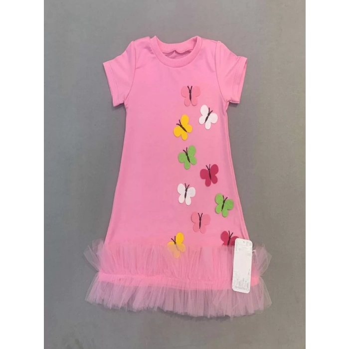 Eterelle 1-2-3 Yaş Renkli Kelebekler Nakışlı Eteği Fırfırlı Jile Çocuk Elbisesi Pembe