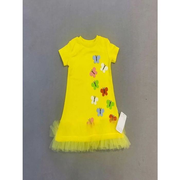 Eterelle 1-2-3 Yaş Renkli Kelebekler Nakışlı Eteği Fırfırlı Jile Çocuk Elbisesi Sarı