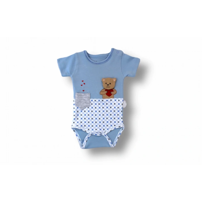 Eterelle 3-6 6-9 9-12 12-18 Ay Romantik Ayıcık Nakışlı Bandajlı Kısa Kollu Zıbınlı 3lü Kız-erkek Bebek Takımı Mavi