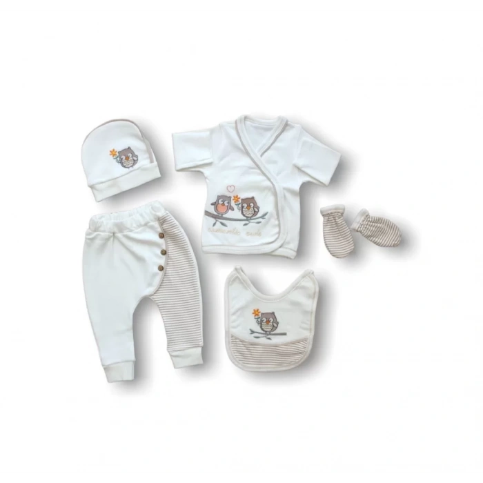 Eterelle Romantik Çift Baykuş Nakışlı  5li Zıbın Takımı Hastane Çıkışı Ekru