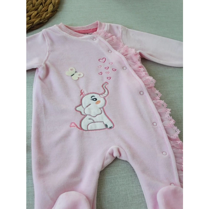 Eterelle 3-6 6-9 9-12 Ay Romantik Fil Nakışlı Pembe Süslü Kız Bebek Tulumu Pembe